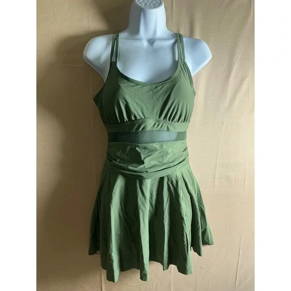 Talisea Olive Green one Piece Tankini Swimsuit with Shorts Mesh Detail Size M - Picture 2 of 5